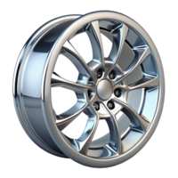 dazzling intense classic Chrome car wheel rim, detailespokes, glossy finish, studio lighting, front view, render, isolateon transparent background,high-resolution product photography precision png