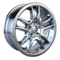 dramatic vibrant Chrome car wheel rim, detailespokes, glossy finish, studio lighting, front view, render, isolateon transparent background,high-resolution product photography flawless png