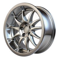 immaculate quintessential Chrome car wheel rim, detailespokes, glossy finish, studio lighting, front view, render, isolateon transparent background,high-resolution product photography png