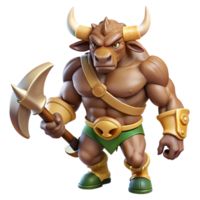 striking standout A powerful minotaur with bull heaanhuman body, holding a battle axe, studio lighting, photorealistic, isolateon transparent background,high-resolution product photography png