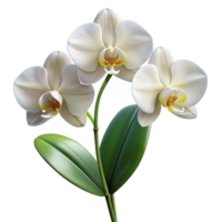 enchanting minimalist Cluster of three white orchids, detailestems anleaves, natural lighting, front view, photorealistic, isolateon transparent background,high-resolution product photography 8K png