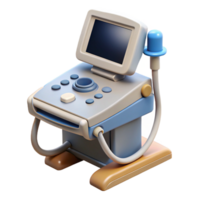 immaculate distinguisheUltrasounmachine with monitor, transducer probe, control panel, studio lighting, front view, render, isolateon transparent background,high-resolution product photography png