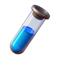 stunning distinguisheTest tube with clear glass, fillewith blue liquid, rubber stopper, studio lighting, side view, render, isolateon transparent background,high-resolution product photography png