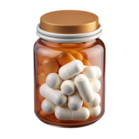 serene inspirePill bottle, amber glass, fillewith white capsules, childproof cap, soft lighting, front view, photorealistic, isolateon transparent background,high-resolution product photography png