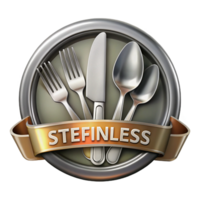 impressive memorable Stainless steel cutlery set logo with polishefinish, reflecting studio lighting, top-down view, isolateon transparent background,high-resolution product photography png