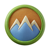 serene memorable Woven fabric patch logo with a mountain range design, detailestitching, natural lighting, front view, isolateon transparent background,high-resolution product photography png