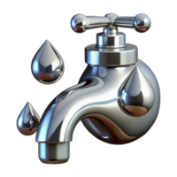 playful captivating Chrome faucet logo with water droplets, reflective finish, studio lighting, front view, with transparent background,high-resolution product photography ultra HD png