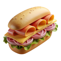 fascinating romantic bohemian Submarine sandwich, overflowing with deli meats ancheeses, studio lighting, front view, isolateon transparent background,high-resolution product photography flawless png