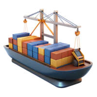 majestic dreamy futuristic Cargo ship, container stacks, detailecranes, studio lighting, side view, render, isolateon transparent background,high-resolution product photography impeccable png