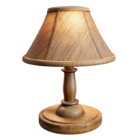 immaculate signature Rustic wooden table lamp, carvedetails, burlap shade, warm ambient light, isolateon transparent background,high-resolution product photography png