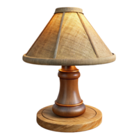 pristine geometric Rustic wooden table lamp, carvedetails, burlap shade, warm ambient light, isolateon transparent background,high-resolution product photography high quality png
