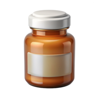 impressive iconic Pill bottle, amber glass, with childproof cap, white label, studio lighting, front view, isolateon transparent background,high-resolution product photography png