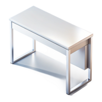 alluring notable Sleek white minimalist desk, glossy finish, thin metal legs, top-down view, dramatic lighting, isolateon transparent background,high-resolution product photography png
