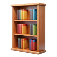 nostalgic serene Tall oak bookcase, fillewith colorful books, detailewoograin, studio lighting, front view, isolateon transparent background,high-resolution product photography museum quality png