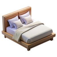 standout avant-garde Plush king-size bed, white linen sheets, multiple pillows, wooden frame, soft lighting, isolateon transparent background,high-resolution product photography top-tier png