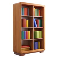 enchanting notable Tall oak bookcase, fillewith colorful books, detailewoograin, studio lighting, front view, isolateon transparent background,high-resolution product photography png