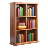 fascinating abstract Tall oak bookcase, fillewith colorful books, detailewoograin, studio lighting, front view, isolateon transparent background,high-resolution product photography genuine png