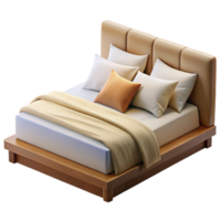 captivating passionate retro Plush king-size bed, white linen sheets, multiple pillows, wooden frame, soft lighting, isolateon transparent background,high-resolution product photography premium png