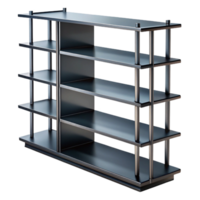 elegant reflective art deco Modern metal bookshelf, minimalist design, black finish, studio lighting, side view, isolateon transparent background,high-resolution product photography genuine png