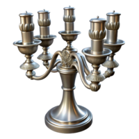 pristine exceptional Five-armesilver candelabra with intricate carvings, polishemetallic finish, dramatic lighting, side view, isolateon transparent background,high-resolution product photography png