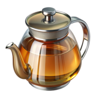 majestic distinctive Glass teapot, clear with stainless steel infuser, fillewith amber tea, studio lighting, front view, isolateon transparent background,high-resolution product photography png