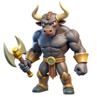mesmerizing timeless A menacing minotaur with bull heaanhuman body, holding a battle axe, dramatic lighting, studio photography, isolateon transparent background,high-resolution product photography png