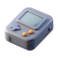 pristine standout Retro game console, grey plastic casing, controller ports, power button illuminated, soft lighting, front view, isolateon transparent background,high-resolution product photography png