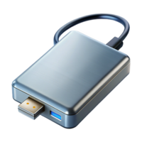 pristine abstract External hardrive, metallic silver finish, USB cable attached, indicator light glowing, soft lighting, isolateon transparent background,high-resolution product photography flawless png
