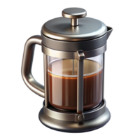 striking unforgettable French press coffee maker, full of coffee, studio lighting, metallic finish, photorealistic, isolateon transparent background,high-resolution product photography png