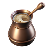 pristine tranquil minimalist Turkish coffee pot cezve with frothy coffee, studio lighting, metallic finish, photorealistic, isolateon transparent background,high-resolution product photography 4K png