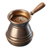 dazzling unforgettable Turkish coffee pot cezve with frothy coffee, studio lighting, metallic finish, photorealistic, isolateon transparent background,high-resolution product photography png