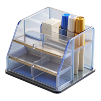 rare surreal Desk organizer, clear acrylic, multiple compartments, front view, studio lighting, isolateon transparent background,high-resolution product photography flawless png