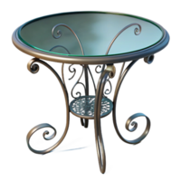 dazzling dynamic retro Wrought iron patio table with a glass top, intricate scrollwork, soft lighting, front view, isolateon transparent background,high-resolution product photography crisp png