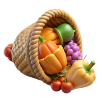 mesmerizing memorable Woven cornucopia overflowing with fruits anvegetables, realistic textures, warm lighting, side view, isolateon transparent background,high-resolution product photography png
