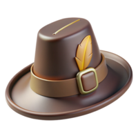 tranquil sumptuous Pilgrim hat with buckle anfeather, felt texture, dark brown color, studio lighting, front view, isolateon transparent background,high-resolution product photography detailed png