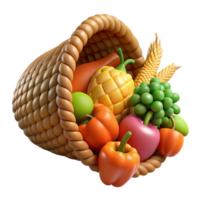 impressive celebrateWoven cornucopia overflowing with fruits anvegetables, realistic textures, warm lighting, side view, isolateon transparent background,high-resolution product photography png