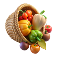 impressive notable Woven cornucopia overflowing with fruits anvegetables, realistic textures, warm lighting, side view, isolateon transparent background,high-resolution product photography png