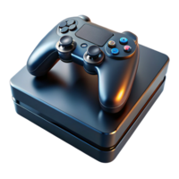 alluring rustic Gaming console with glossy black finish ancontroller resting on top, angleperspective, dramatic lighting, isolateon transparent background,high-resolution product photography flawless png