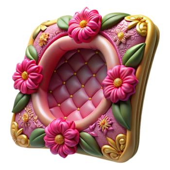 skön distinkt broderityg ram med blommig mönster, vibrerande silke trådar, mjuk belysning, främre se, framställa, med transparent bakgrund, hög upplösning produkt fotografi png