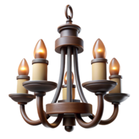 impressive art deco Chandelier with wrought iron frame, six candle holders, rustic finish, dramatic lighting, icon style, isolateon transparent background,high-resolution product photography genuine png