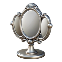 captivating sought-after Ornate dressing table mirror, triple mirror design, silver finish, soft lighting, front view, icon style, isolateon transparent background,high-resolution product photography png