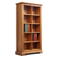 peaceful breathtaking Tall oak bookcase, multiple shelves, adjustable shelves, soft lighting, front view, isolateon transparent background,high-resolution product photography high resolution png