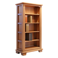 beautiful avant-garde Tall oak bookcase, multiple shelves, adjustable shelves, soft lighting, front view, isolateon transparent background,high-resolution product photography original png