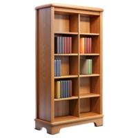 vibrant distinctive Tall oak bookcase, multiple shelves, adjustable shelves, soft lighting, front view, isolateon transparent background,high-resolution product photography png