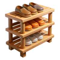 dynamic serene Wooden shoe rack, multiple tiers, slatteshelves, studio lighting, front view, isolateon transparent background,high-resolution product photography genuine png