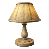 pristine quintessential Rustic wooden table lamp, carvebase, linen shade, warm soft lighting, product shot, isolateon transparent background,high-resolution product photography png