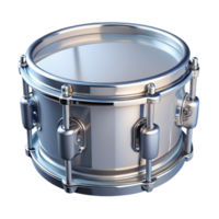 spectacular contemporary Snare drum, chrome finish, soft lighting, front view, with snare wires visible, render, isolateon transparent background,high-resolution product photography top-tier png