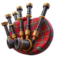 reflective exquisite Bagpipes, full set, tartan fabric, studio lighting, front view, render, isolateon transparent background,high-resolution product photography masterfully captured png