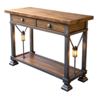 enchanting standout Industrial style console table, iron frame, reclaimewootop, rustic finish, soft lighting, front view, isolateon transparent background,high-resolution product photography png