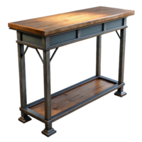 notable abstract Industrial style console table, iron frame, reclaimewootop, rustic finish, soft lighting, front view, isolateon transparent background,high-resolution product photography elite png